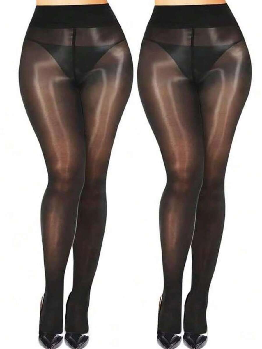 2双女士时尚性感亮面丝袜，适合日常穿着 - 黑色 - 查看 1