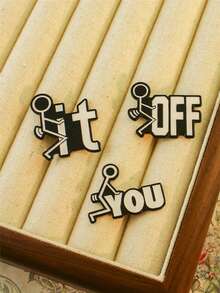 3pcs Creative Cartoon Matchstick Figure Shaped Black & White Enamel Pin Set, Personalized Funny English Letter Metal Brooch Accessories - Black and White - View 9