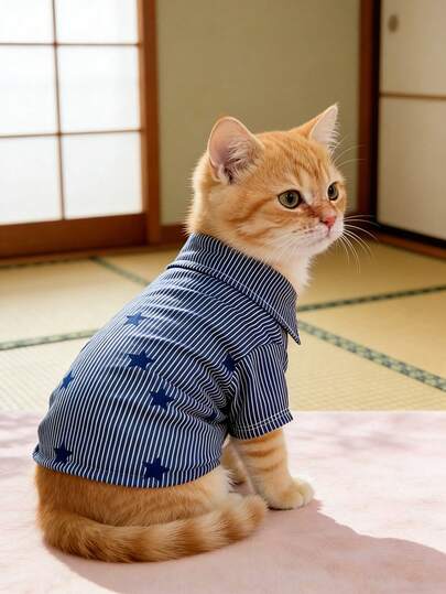 宠物服装，猫狗服装，宠物春季透气衬衫，蓝白条纹星形图案，适合猫狗的休闲衬衫