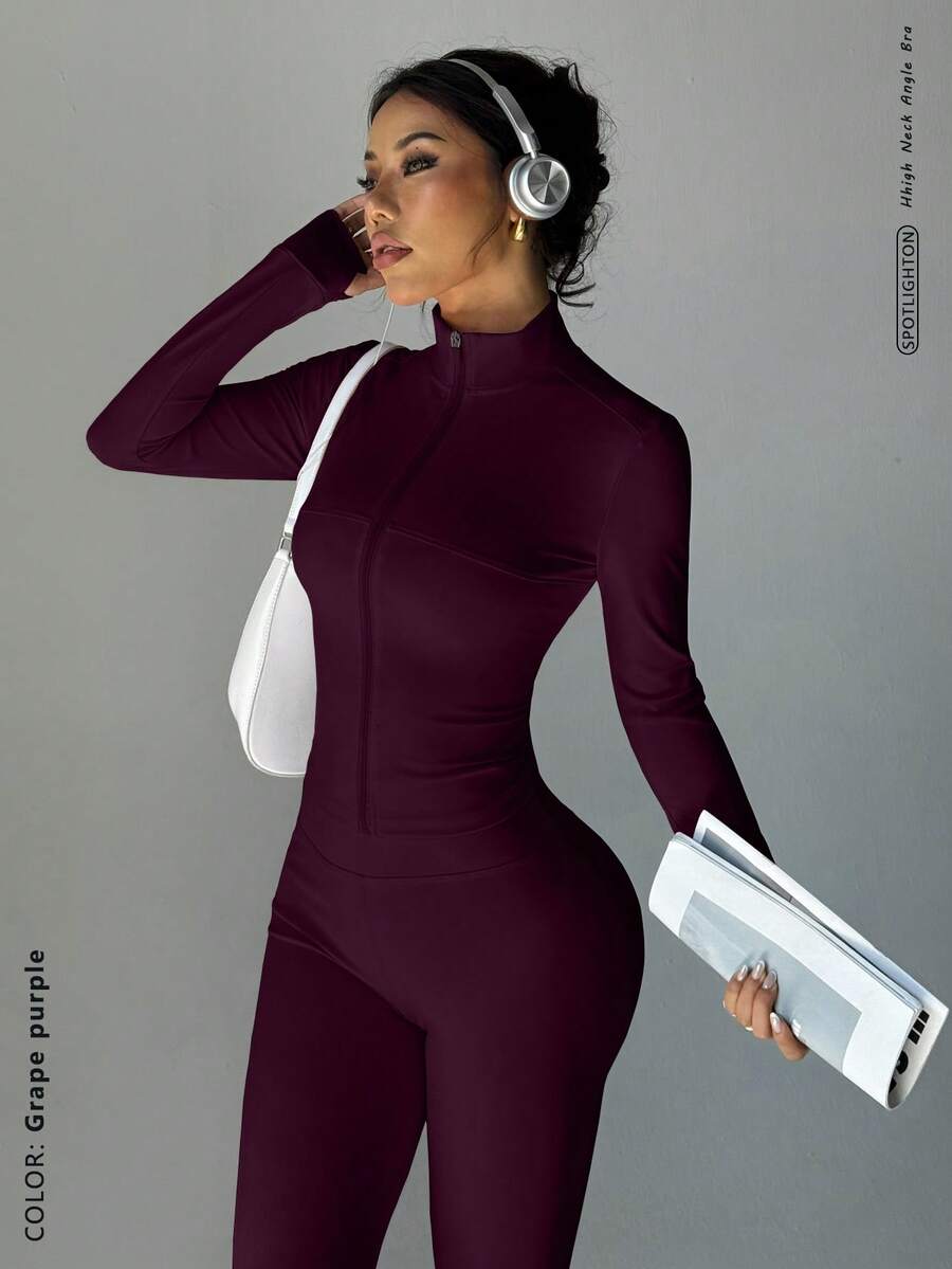 立领拉链运动夹克，带拇指孔，搭配高腰塑形紧身裤，有效收腰提臀，拉长腿部线条 | 修身剪裁，适合户外通勤，优雅通勤套装，女士秋冬春季两件套 - 紫色 - 查看 1