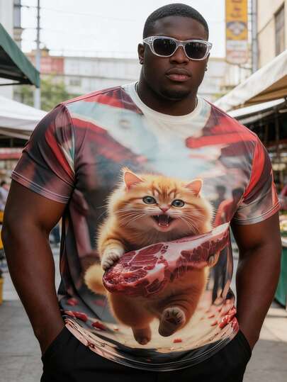 Plus Size Men's Funny Cat Print T-Shirt, Street Style Gradient Background Running Cat Graphic Tee, Casual Personalized Graphic Tee For Daily Wear, Cat Lover, Skateboarding, Hip Hop, Summer