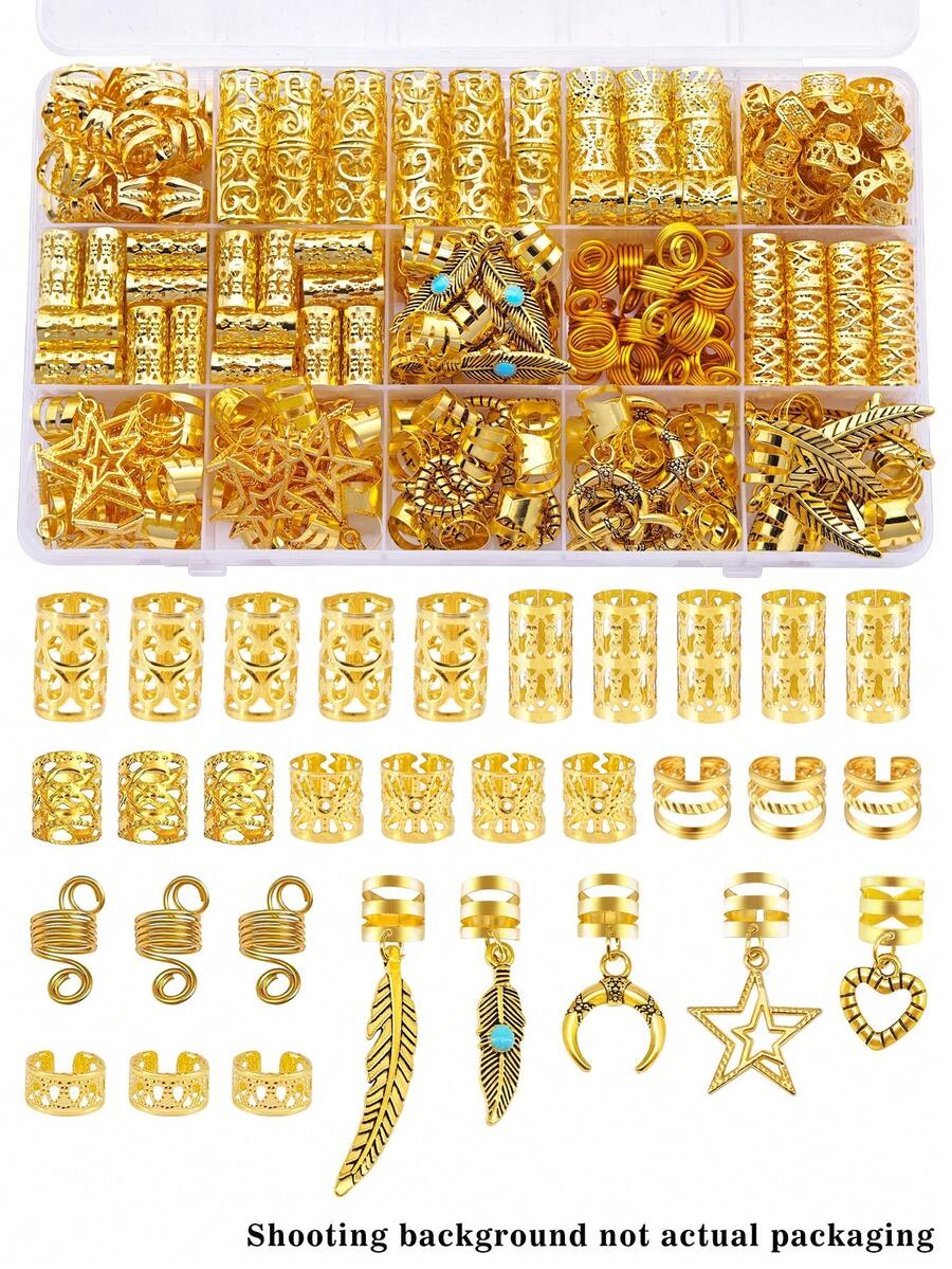 70件套混合合金发圈及配饰套装,适合DIY编发、发珠、发圈、发夹,打造波西米亚风,适合编发、节日、情人节等场合。 - 金色 - 查看 1