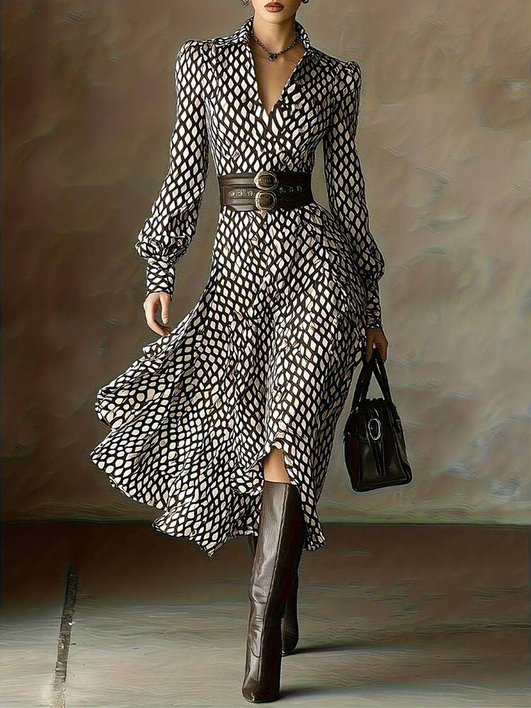 Dresses For Women Vestidos Elegantes De Mujer Women's Black Diamond Print V-Neck Lantern Sleeve Midi Dress, Elegant Commuter Style Spring, Summer And Autumn Valentines Day Outfit Spring Outfits For Women Festival Outfits For Women Concert Outfit Women Womens Tops Spring Break Outfits Brunch Outfits For Women Valentines Clothes Summer Outfits - 黑色 - 查看 1