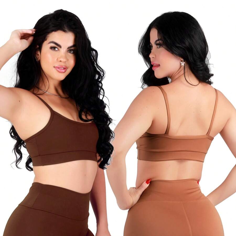 Work Fitness Kit Of 2 Premium Reinforced Polyamide Strappy Sports Bras For Gym Use - بني وكراميل - مشاهدة 1