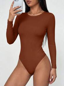 Women Spring Bodysuits For Long Sleeve Shirts Fitted Basic Ribbed Layering Bodys Tops Fall Fashion Winter Clothes Caramel Vacation Rompers Outfits For Women - Caramel - View 3