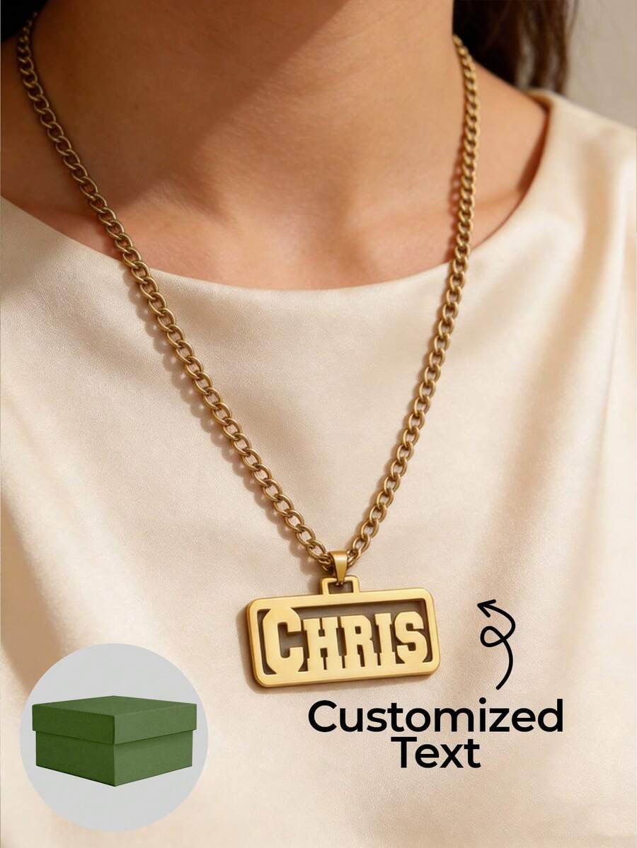1pc Personalized Customized Necklace, Large Nameplate Pendant, Thick Necklace, Unisex Necklace, Unisex, Daily Style, Stainless Steel Customization, 18k Gold Jewelry, Including Gift Box, As Daily, Ramadan Gift, Valentine's Day Gift, Mother's Day, Father's Day Gift. - Style 1 - View 1