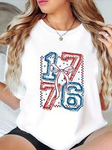 Patriotic Women'S T-Shirt with 1776 Flag Print - Casual Crew Neck, Short Sleeve, Lightweight Polyester Top for Spring &amp; Summer, american independence Design, everyday Clothing | Comfortable - Branco - Ver 1