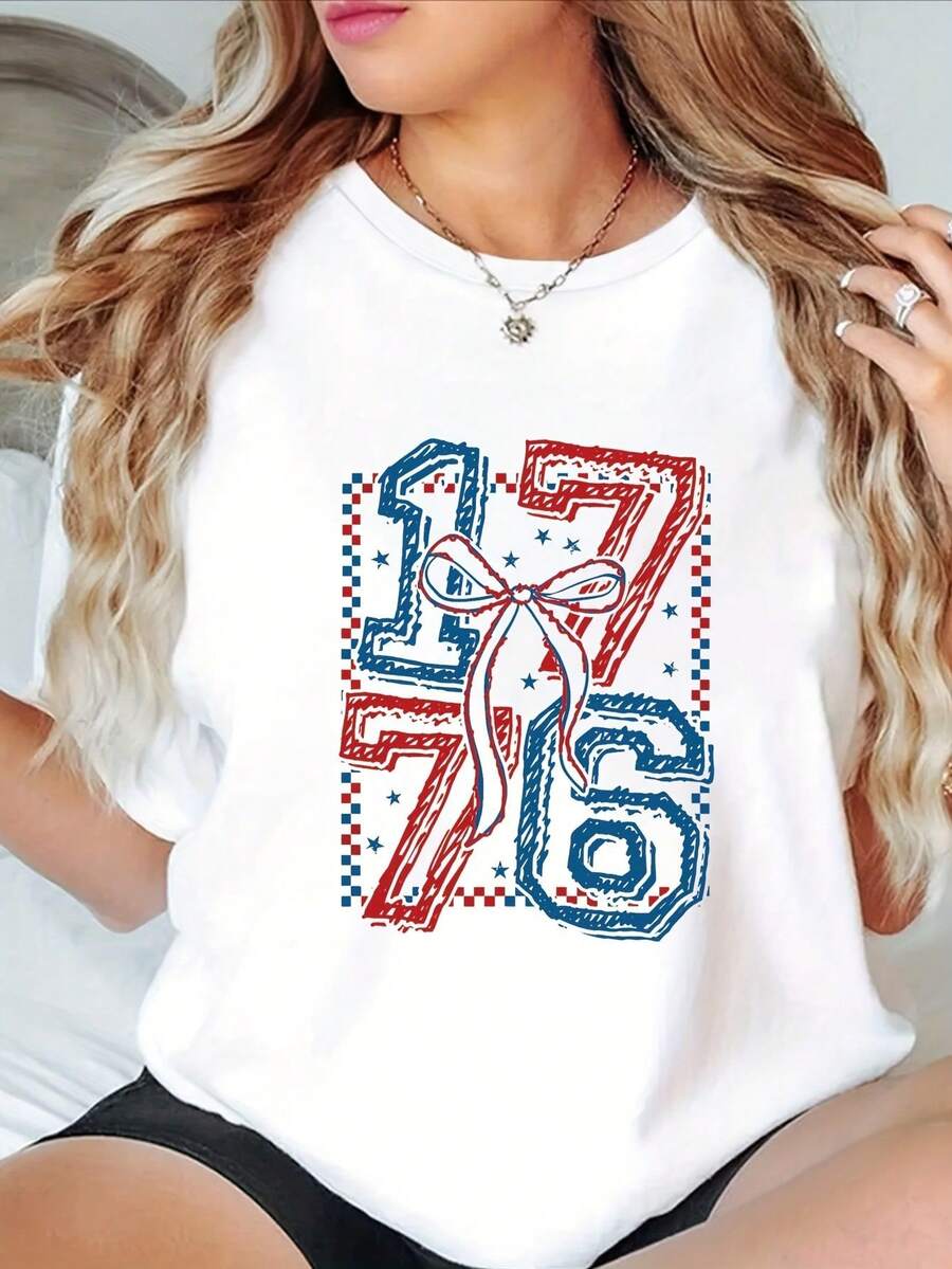 Patriotic Women'S T-Shirt with 1776 Flag Print - Casual Crew Neck, Short Sleeve, Lightweight Polyester Top for Spring &amp; Summer, american independence Design, everyday Clothing | Comfortable - Branco - Ver 1
