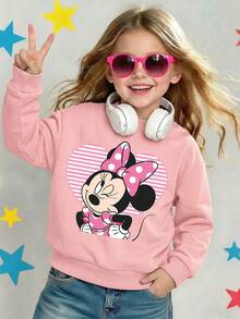 Disney Winking Minnie Mouse In Pink Striped Heart Valentine Graphic Comfortable Print Young Girls' Long Sleeve Sweatshirt, Suitable For Autumn/Winter, Lightweight And Cozy, Great For Layering In Fall, Fashionable Casual Wear, Graphic Design, Back To School Season, Autumn, Back To School Party, Suitable For Outdoor Picnic, Street Photography, Home, Campus, Holidays, New Year Gift - 粉色 - 查看 2