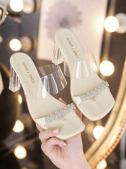 Sandalias de Tacón Transparente para Mujer con Pedrería Brillante, Diseño Elegante Tipo Mule