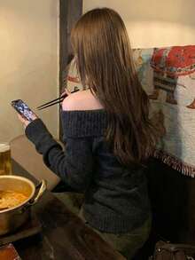 [Y6Y] 女士优雅露肩针织毛衣，长袖修身百搭套头衫，春季款 - 深灰色 - 查看 2