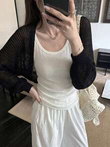 Black Hollow Out Knit Cover Up For Women, Lightweight Long Sleeve Sheer Sun Protection Batwing Sleeve Top, Spring/Summer - Black - View 1