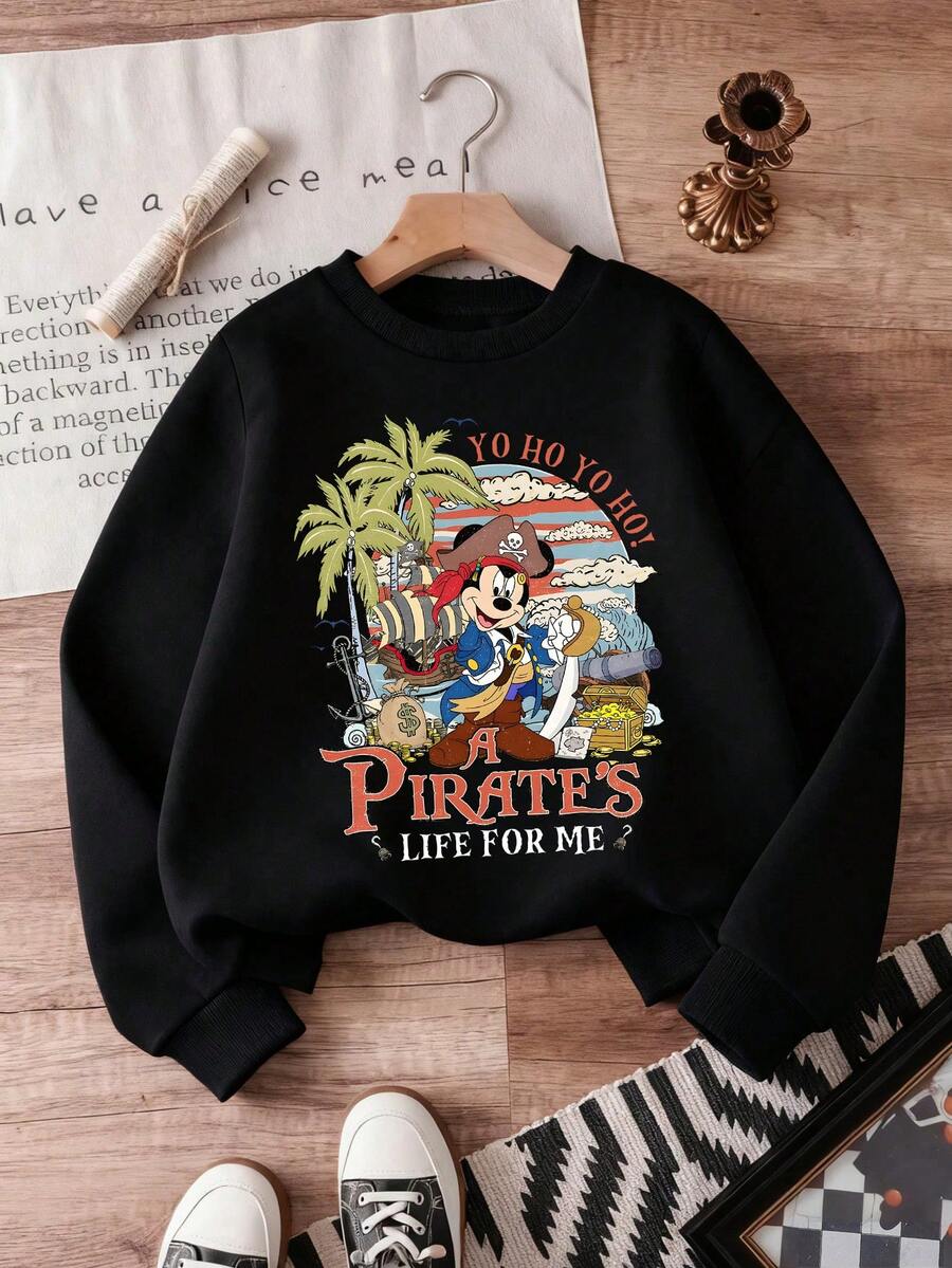 1pc Disney Mickey Mouse & Pals Pirate Adventure Graphic Tween Boys Adventurous Sweatshirt - Soft & Versatile, Ideal For Outdoor Play & Casual Hangouts - Black - View 1