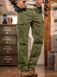 Men's Outdoor Multi-Pocket Cargo Pants, Solid Color Flat Front Casual Trousers, Suitable As A Gift For Boyfriend Or Husband Spring - 軍綠色 - 查看 4