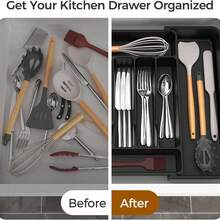 Extra Large Expandable Silverware Organizer,  Food Cutlery Flatware Organizer, Kitchen Utensil Drawer Organizer, Adjustable Silverware Holder For Spoons Forks Knives, Black - 黑色(大) - 查看 7