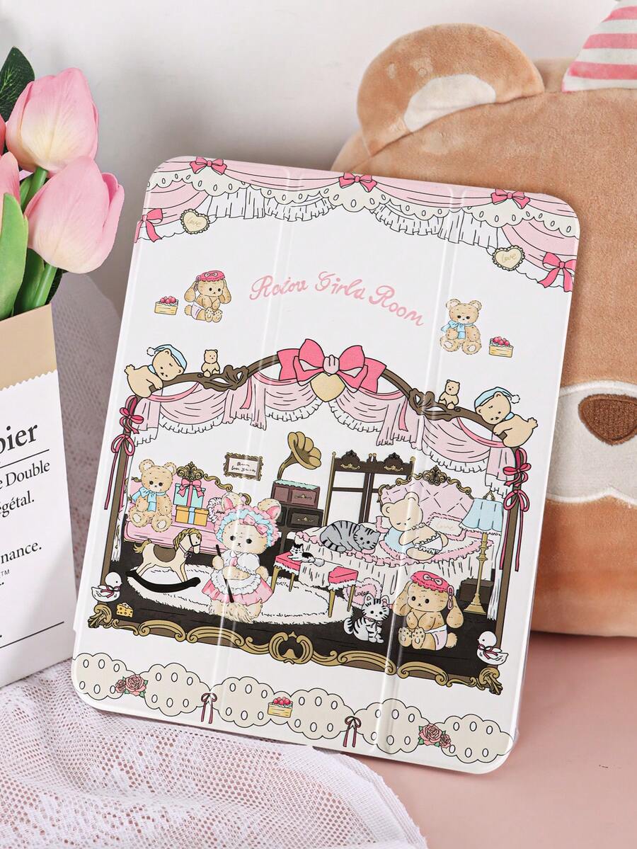 1个粉色宫廷图案可爱小熊蝴蝶结彩绘平板电脑保护套，适用于10代/11代/10.2/10.5/Air4/Air5/10.9/Pro11/Air 11英寸(M2)-2024/Pro 11英寸(M4)-2024/Air 11英寸(M3) 2025/(A16) 11英寸第11代2025/Mini6/Mini7/Air1/Air2/9.7/Tab A8 10.5英寸2022，内置笔槽，三折支架，磁吸式睡眠/唤醒功能，简约/创意/独特设计 - 彩色 - 查看 1