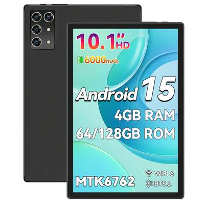 Qetupa 10.1-Inch Android 15 Tablet PC, 4GB RAM + 64GB/128GB ROM, MTK 6762 Octa-Core 2.0GHz Processor, HD (1280x800) IPS Touchscreen, 5MP Front Camera And 13MP Rear Camera, 6000mAh Large Battery, Bluetooth 5.2 And 802.11ac WiFi 5