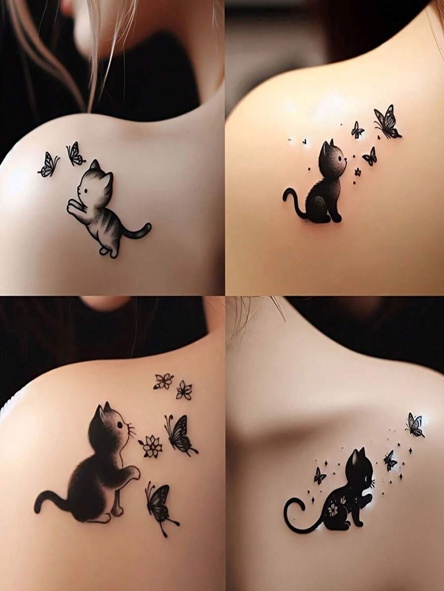 8pcs Cute & Funny Cat And Butterfly Temporary Tattoo Stickers | Unisex Body Art, Cartoon Kitty, Waterproof & Sweatproof - Multicolor - View 1