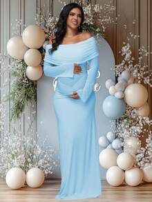 JustVH Maternity Colorblock Mesh Off-Shoulder Dress, Ruched Fishtail Hem, Suitable For Baby Shower, Elegant Stretchy Dress For Photoshoot Spring - Baby Blue - View 1