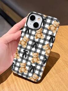 1pc Cute Cartoon Bear Bow Retro Plaid Pattern Glossy 2-In-1 Filmic Hard Phone Case, Suitable Compatible With Samsung/ 11/12/13/14/15/16/17 Pro Max - Multicolor - View 3