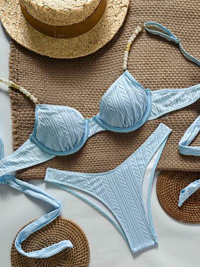 Bikinx Women's Elegant Textured Bikini Set With Pearl Spaghetti Straps And High Stretch Fabric