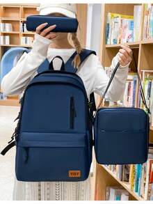 New Fashionable Minimalist Backpack Set, Versatile Large Capacity Multi-Function Suitable For Various Occasions, Back To School & Graduation Season - Navy Blue - View 2