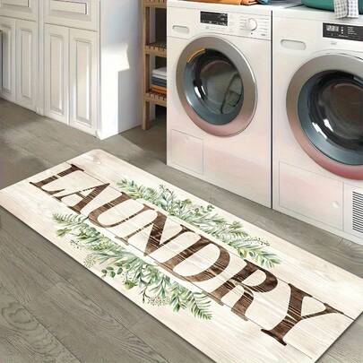 1pc A Laundry Mat Designed In Farmhouse Style Featuring A Green Leaf Pattern And The Word "LAUNDRY" Printed On It. This Floor Mat Is Made Of 100% Polyester Fiber, Machine Washable, And Is Perfect For Use In The Kitchen, Living Room, Bedroom, Or Porch