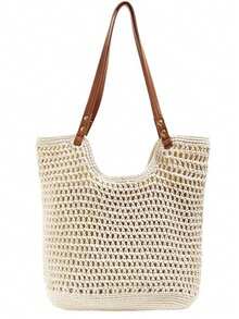 2026 New Arrival Women's Bag, Woven Beach Bag, Versatile Shoulder Bag For Beach Vacation Or Commuting School Tote Bag, School Bookbag, Portable, Foldable, Business Casual, Suitable For Teen Girls Women, Vacation Essentials, Perfect For Summer, Vacation & Beach, Newest Holiday Bag, Hottest Beach Bags ,Vacation Essentials - 杏色 - 查看 9