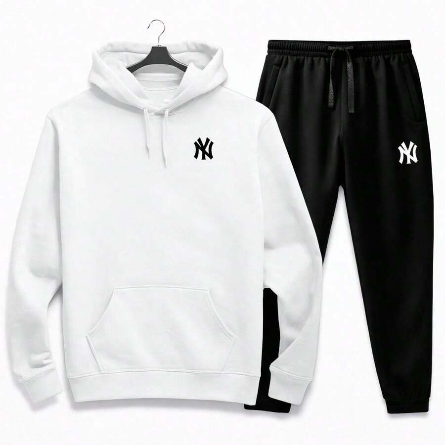 Men's Stylish Kangaroo Hoodie Set + Unisex Sweatpants Set - White - View 1
