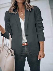 Plus Size Women's Fashion Elegant Lapel Single-Button Fitted Blazer, Long Sleeve OL Style Slim Fit Jacket, Autumn/Winter - Grey - View 5