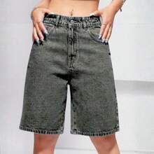 Women's Denim Shorts, High-Waisted, Black Marbled Gray, Summer Fashion - 灰色 - 查看 12