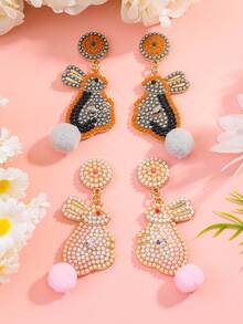 2Pairs Handmade Easter Bunny Seed Bead Dangle Earrings Set For Women, Glittery Rhinestone Grey-Orange & Pink-White Rabbit Drop Earrings With Pom Pom, Daily Party Vacation Easter Gift - Multicolor - View 5