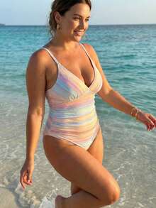 Cross Backless Deep V Push Up Adjustable Thin Straps One-Piece Swimsuit, Ruched Tummy Control Slimming, Rainbow Gradient Stripe Plus Size Swimwear - 彩色 - 查看 2