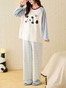 2pcs/Set 2026 Spring Autumn Women Cotton Panda Print Blue Long Sleeve Pajama Set - Baby Blue - View 11