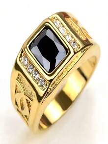 1枚男士时尚奢华个性化黑色锆石戒指，婚礼订婚派对珠宝礼物 - 金色 - 查看 10