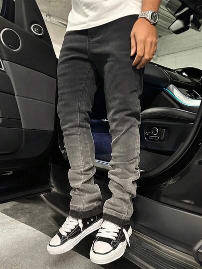 Men's Stretch Slim Fit Flared Jeans, Vintage Wash Ombre Dye Technique, Streetwear, Suitable For All Seasons