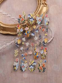 2片装春夏花卉浮雕美甲贴纸 - 复古水彩花卉、百合、芙蓉花，适用于复活节、婚礼、日常、节日等场合，简约奢华主题，易于粘贴的美甲贴纸 - 彩色 - 查看 5