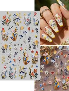 2片装春夏花卉浮雕美甲贴纸 - 复古水彩花卉、百合、芙蓉花，适用于复活节、婚礼、日常、节日等场合，简约奢华主题，易于粘贴的美甲贴纸 - 彩色 - 查看 4