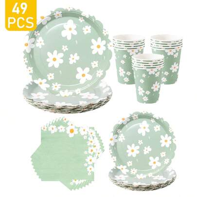 أطباق ومناديل ورقية على شكل بتلات الزهور البيضاء على خلفية خضراء، طقم إمدادات حفلة لمرة واحدة ل- 8 ضيوف، مناسب لعيد الميلاد والزفاف والحفلات الموضوعية والنزهات العائلية