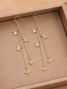 1Pair Minimalist Golden Little Stars Drop Dangle Long Earrings Women Celestial Jewelry- Perfect Party Gift - Suitable For Daily Wear - Yellow Gold - View 2