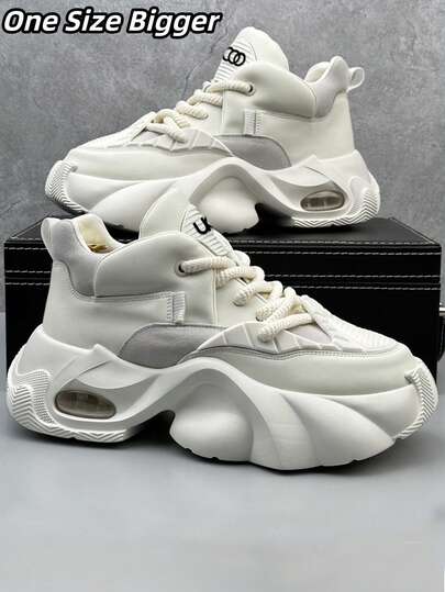 Plus Size High-Quality High-Heel White Boots For Men, Thick Sole Elevated Breathable Chunky Sneakers, Air Cushion Shock-Absorbing White High Heel Casual Shoes, Versatile High-Quality Air Cushion Sports Running Thick Sole Shoes, Suitable For (Tongue Logo Randomly Distributed)
