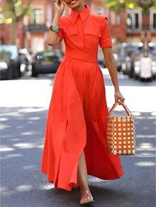Office, Fashion, Airy, Polished, Relaxed, Feminine, French. Spring Summer. Street, Event.  Button-Up Dress:  Maxi Style - 橘色 - 查看 3