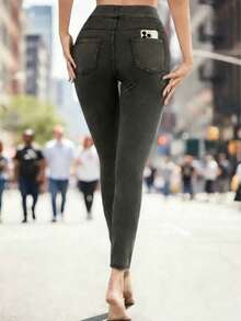 JSEMOY Pull On Skinny Jeans For Women, Stretchy High Waisted Leggin Tummy Control Demin Jegging With Pockets - 黑色 - 查看 2