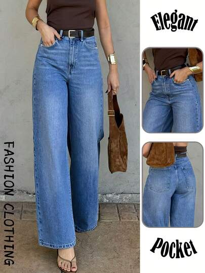 Women Blue Straight Leg Jeans Y2K Casual Washed Loose Jeans Elegant Vintage Straight Pants,2026 Summer.