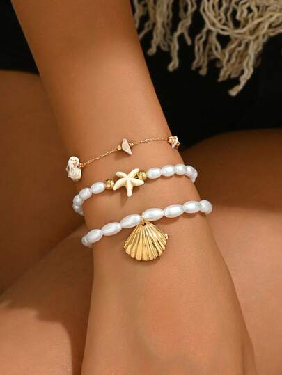 3pcs/Set Summer Beach Vacation Faux Pearl Starfish Beaded Bracelet, Fashionable Gold Alloy Shell Pendant, Beach Pebble Handmade Chain Bracelet For Women, Suitable For Daily Wear, Beach Travel, Dating, Photography