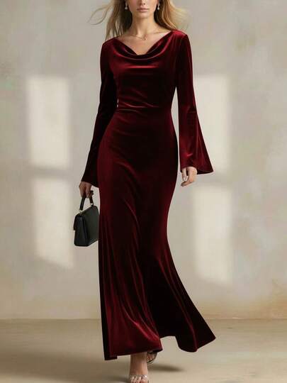 Women's Draped Neck Velvet Robe, Elegant Vintage Flare Sleeve Pleated Robe Dress For Spring