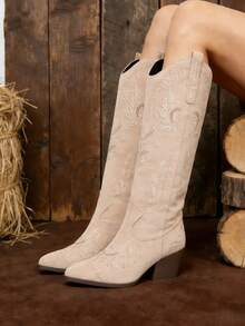 Khaki Cowgirl Outfits For Women Boots Knee High Pointed Toe Thick Heels Festival Shoes Fashion Country Concert Combat Boots For Women - 卡其色 - 查看 8