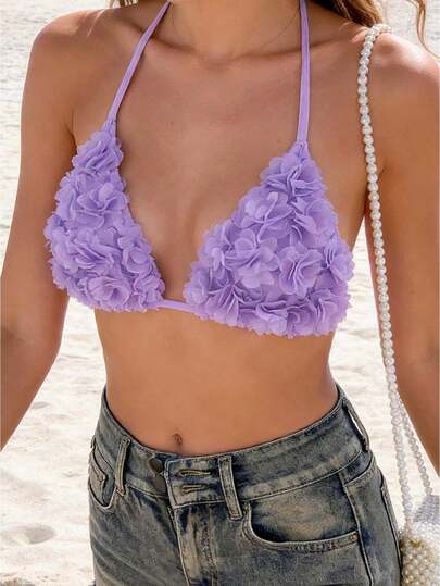 Women's 3D Floral Appliques Bikini Top Purple Triangle Halter Bathing Suit Tops Swimsuits Push Up V-Neck Swim Bra With Adjustable Straps