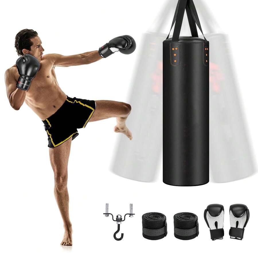 COSTWAY 4-In-1 Boxing Bag Set, Hanging Punching Bag Set With 12OZ Boxing Glove, Hand Wrap, Hanging Chains, Double Stitching Kick Boxing Heavy Bag For MMA Kickboxing Boxing Karate Training - Black - View 1