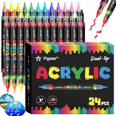 12/24 Colors Dual-Tip Acrylic Marker Pen Set, Soft Tip + Fine Tip 0.5-5mm Soft Tip + 1-2mm Fine Tip, Water-Based Waterproof Quick-Drying High-Pigment, Suitable For Multiple Materials (Wood/Paper/Stone/Ceramic), Essential For Art Painting, DIY Crafts, Graffiti Marking, Professional Art Students